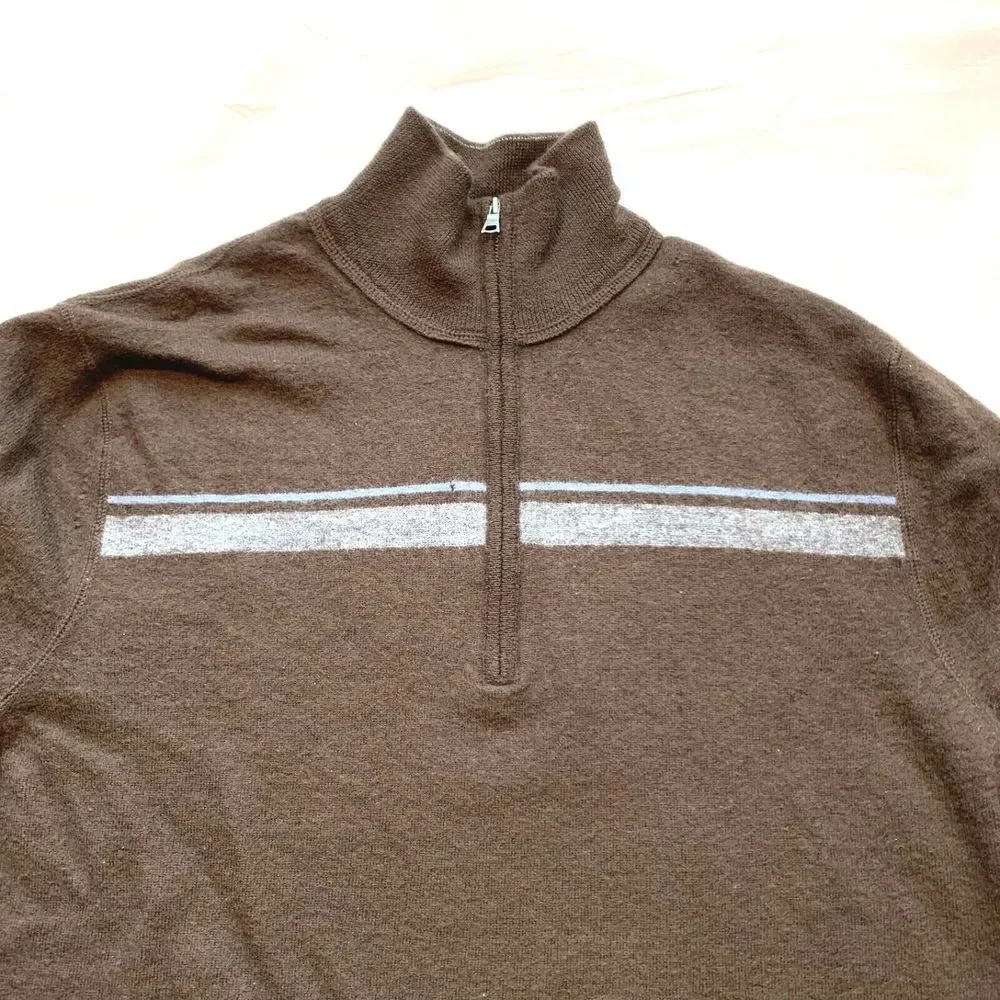 Banana Republic 100% Wool Sweater Pullover Knit 1/4 Zip‎ Striped Thick Brown XL